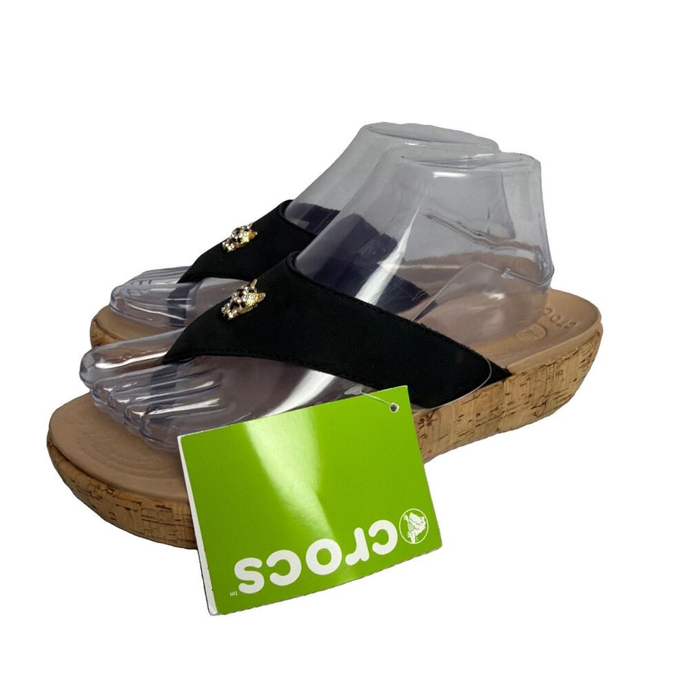 CROCS Leigh Cork Leather Sandals Rhinestone Jaguar Flip Flops Womens 9 Black